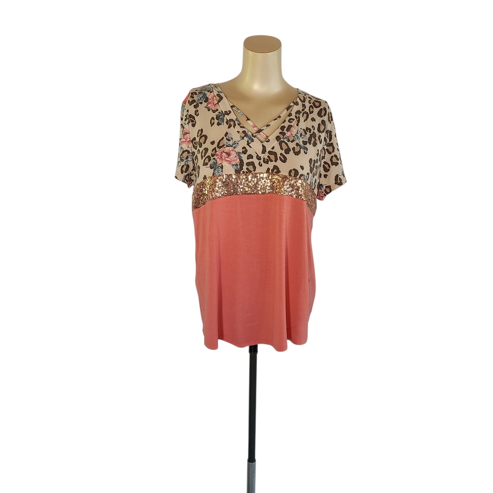 Lovely Melody Mixed Media Top L Leopard Floral Sequin Coral Strappy V-Neck